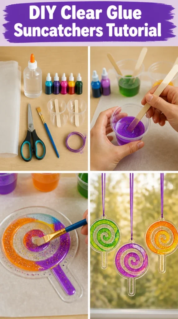 DIY clear glue suncatchers showcasing colorful designs in sunlight