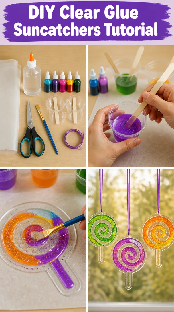 DIY clear glue suncatchers showcasing colorful designs in sunlight