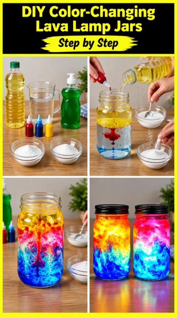 DIY color-changing lava lamp jars with vibrant colors and easy steps.