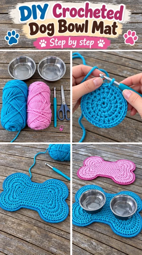 Handmade DIY crocheted dog bowl mat for pets
