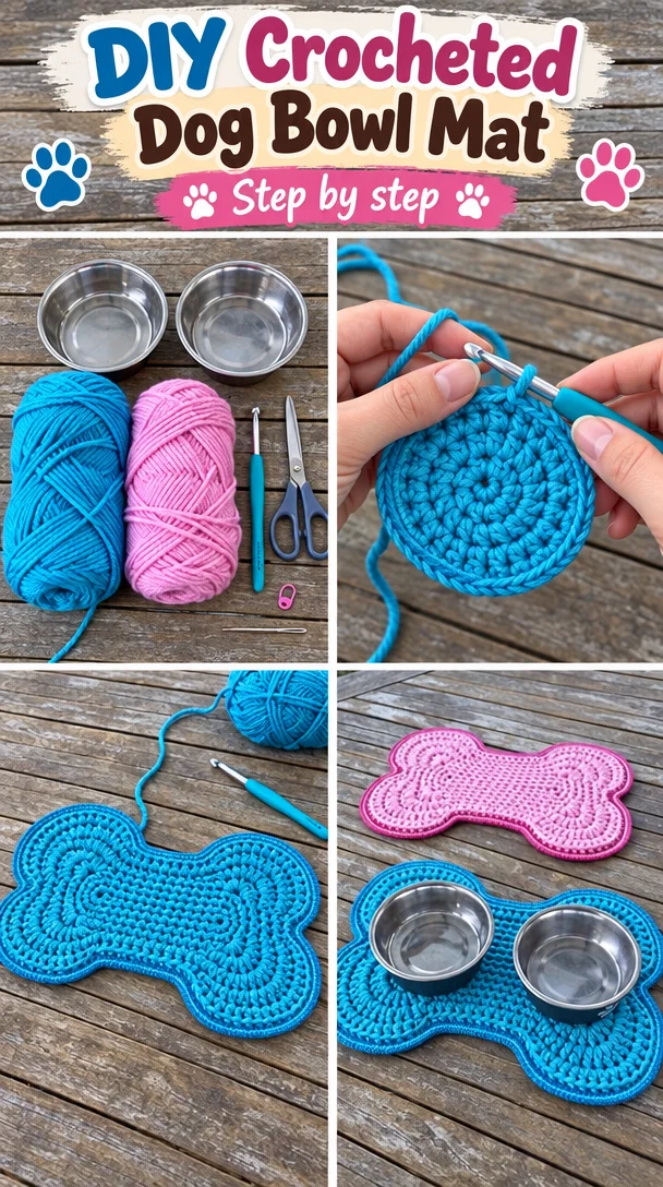 Handmade DIY crocheted dog bowl mat for pets