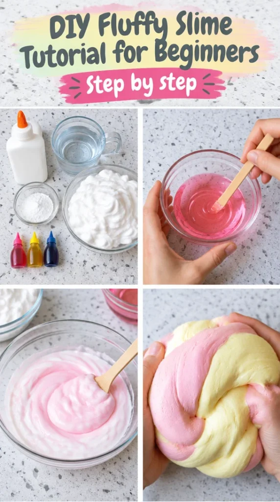Colorful fluffy slime in a bowl for a DIY tutorial