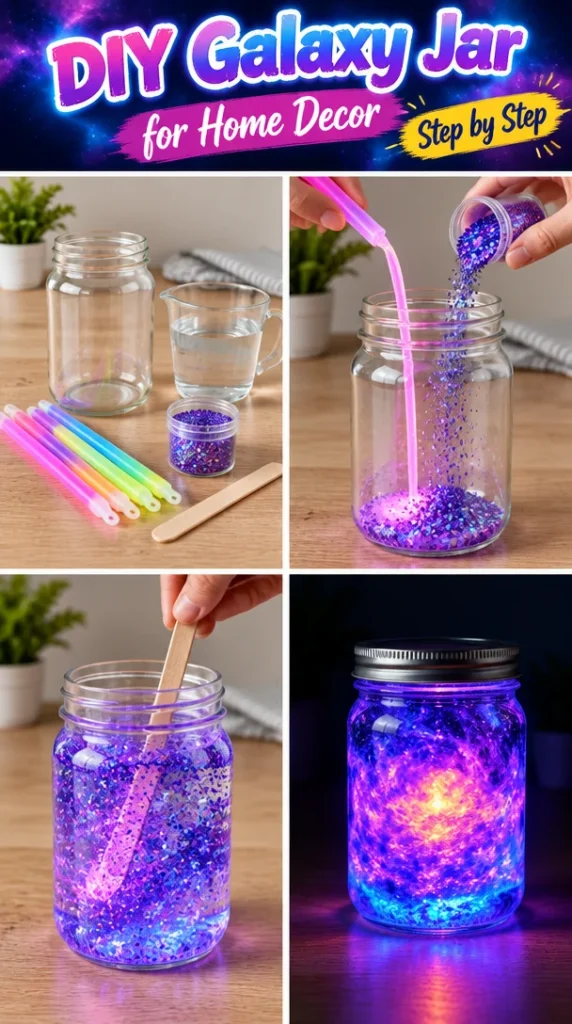 DIY galaxy jar crafted for home decor with a starry night effect