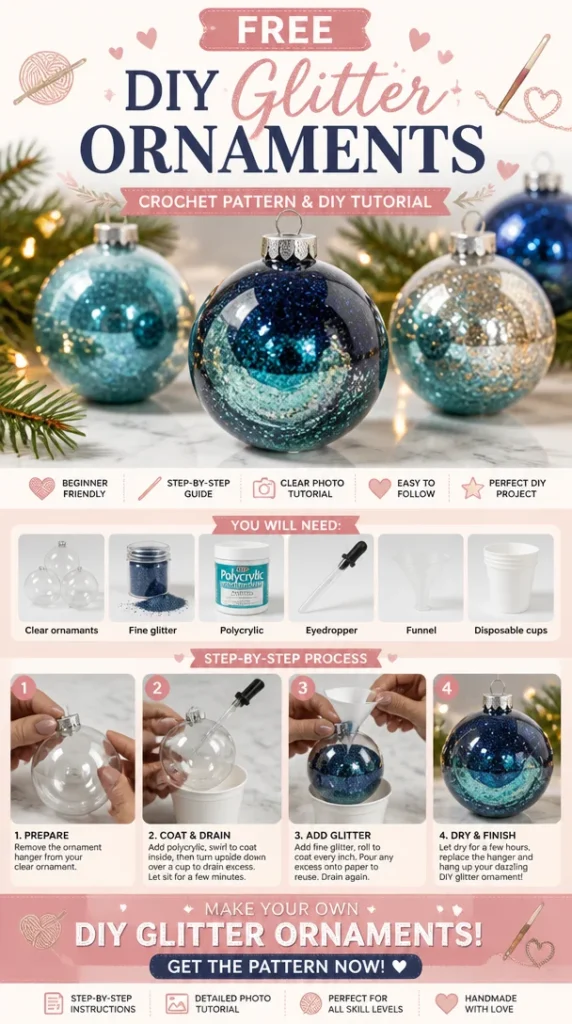 Colorful DIY glitter ornaments hanging on a Christmas tree