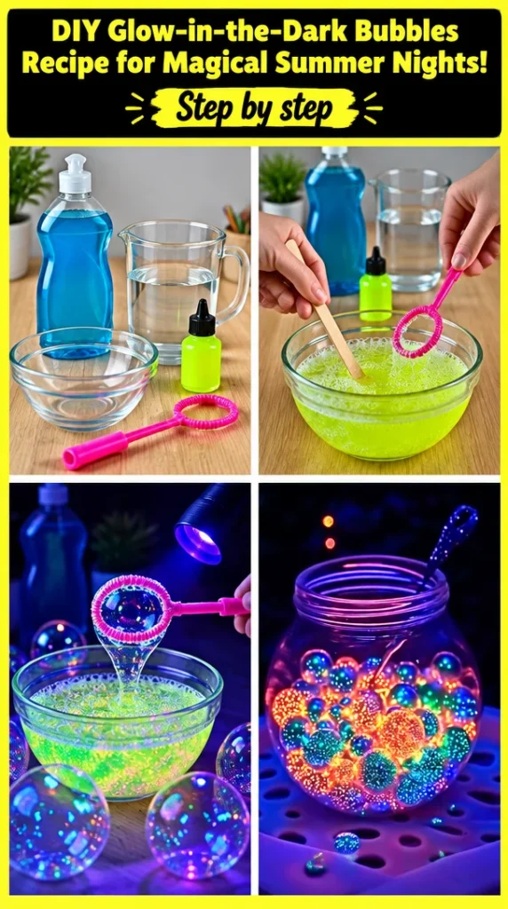 Bottle of DIY glow-in-the-dark bubbles for summer fun