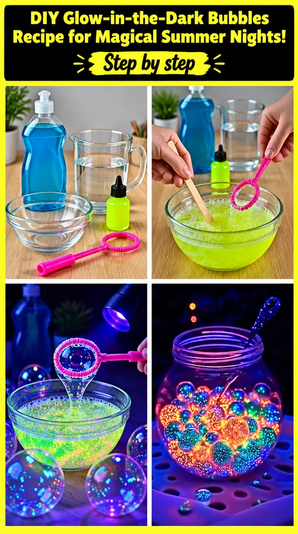 Bottle of DIY glow-in-the-dark bubbles for summer fun