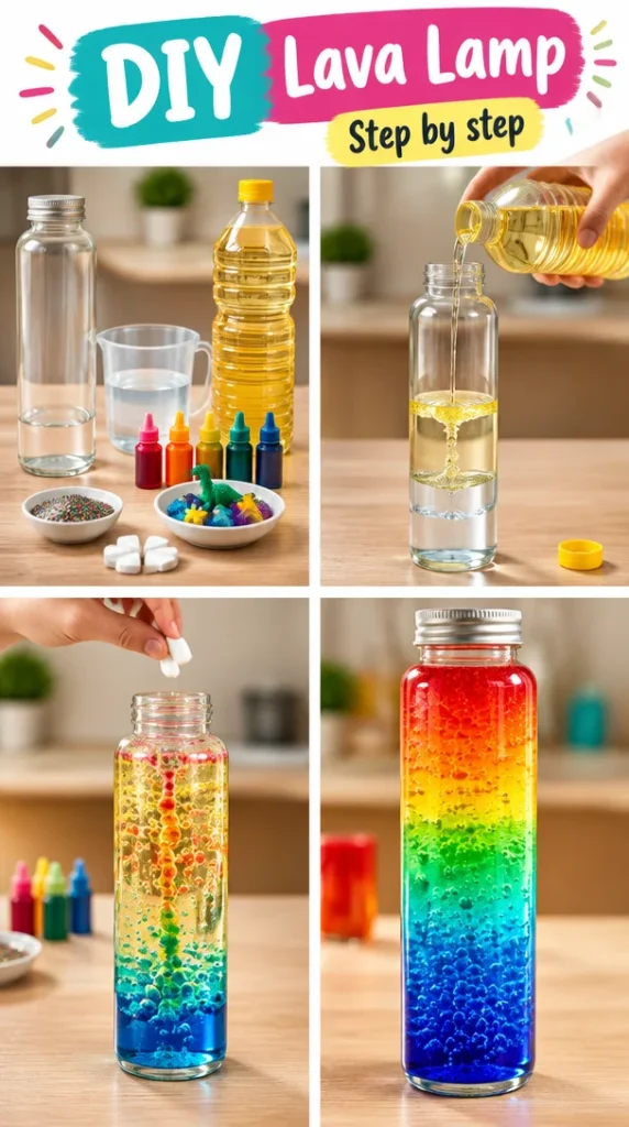 DIY lava lamp project with colorful liquid in a clear bottle.
