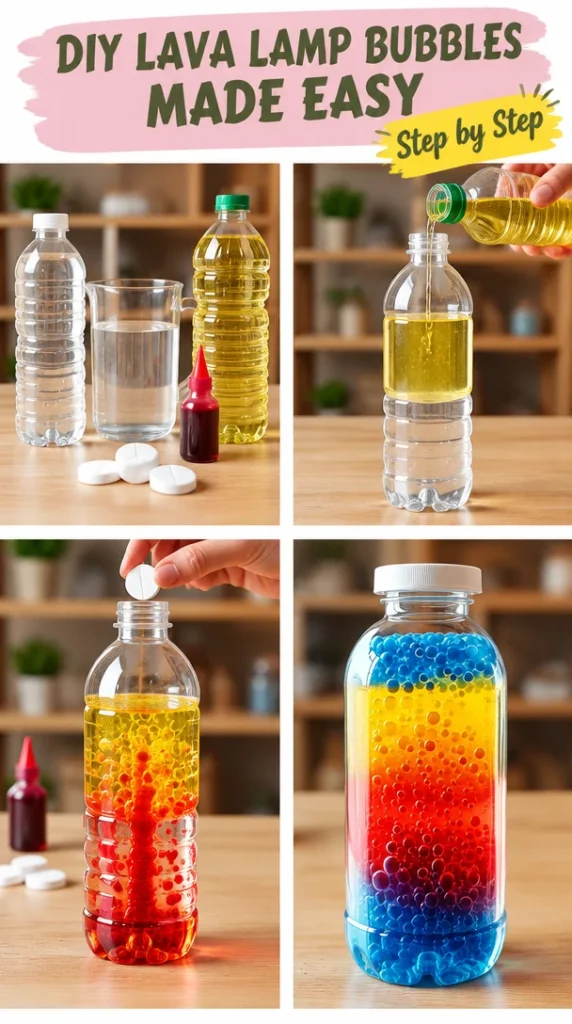 Colorful DIY lava lamp bubbles in a glass container