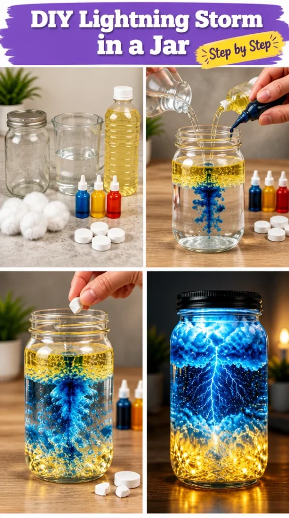 DIY lightning storm in a jar project with ingredients and setup instructions.