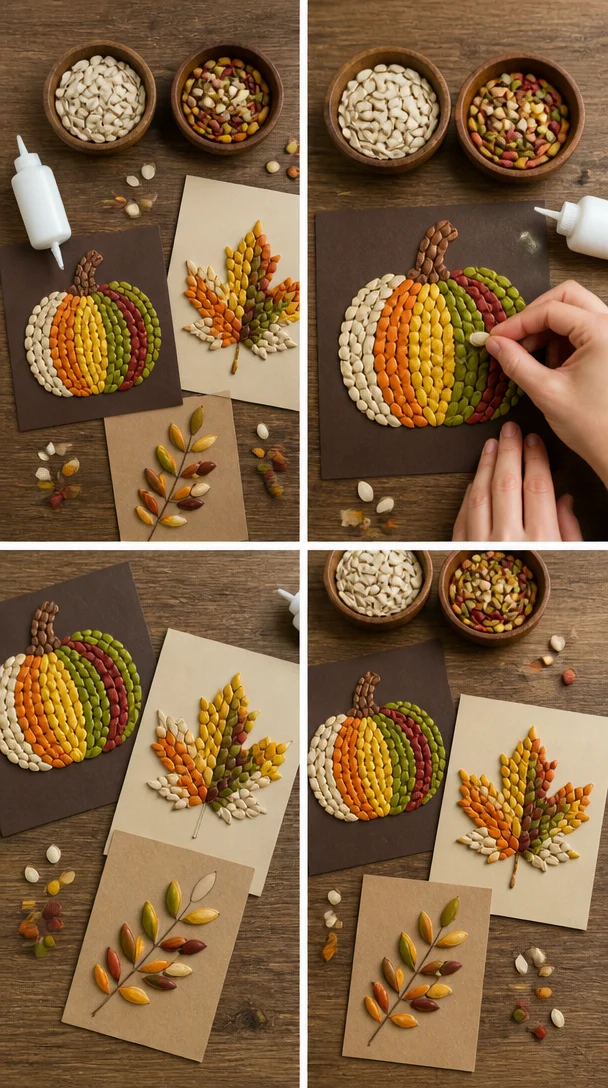 DIY autumn pumpkin seed collage art project for kids