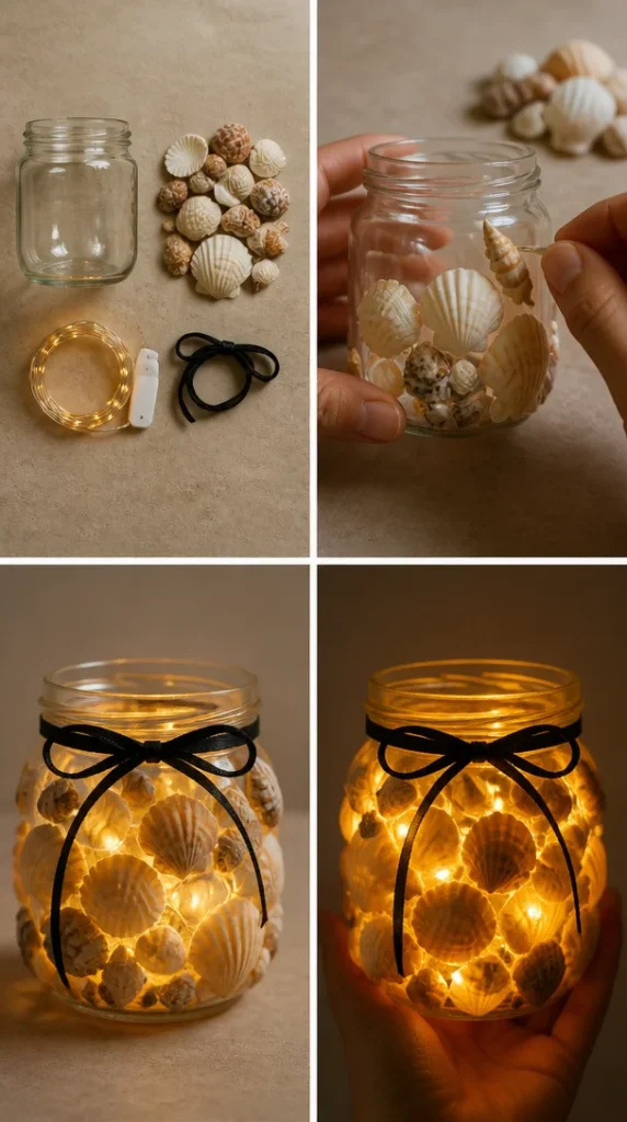 DIY seaside jar lantern illuminated with LED lights for beach decor