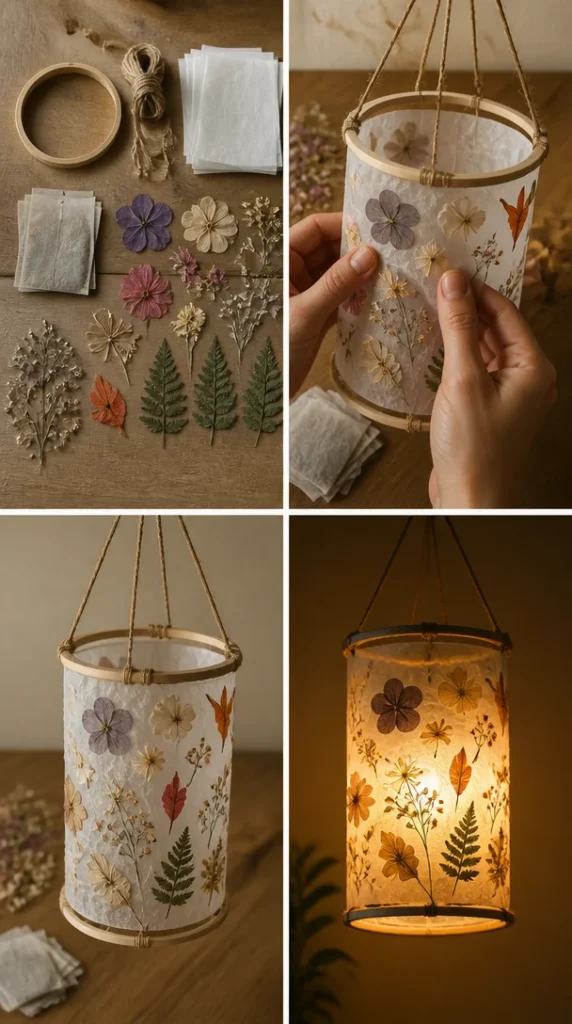 DIY tea bag flower lanterns displayed in a cozy setting.