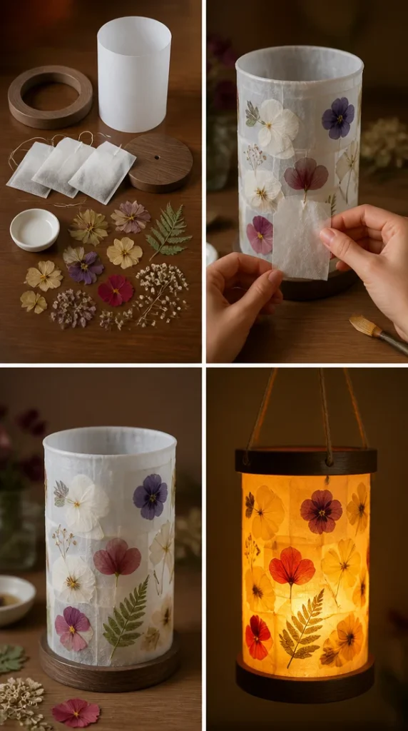A beautiful DIY tea bag lantern glowing softly, enhancing home decor.