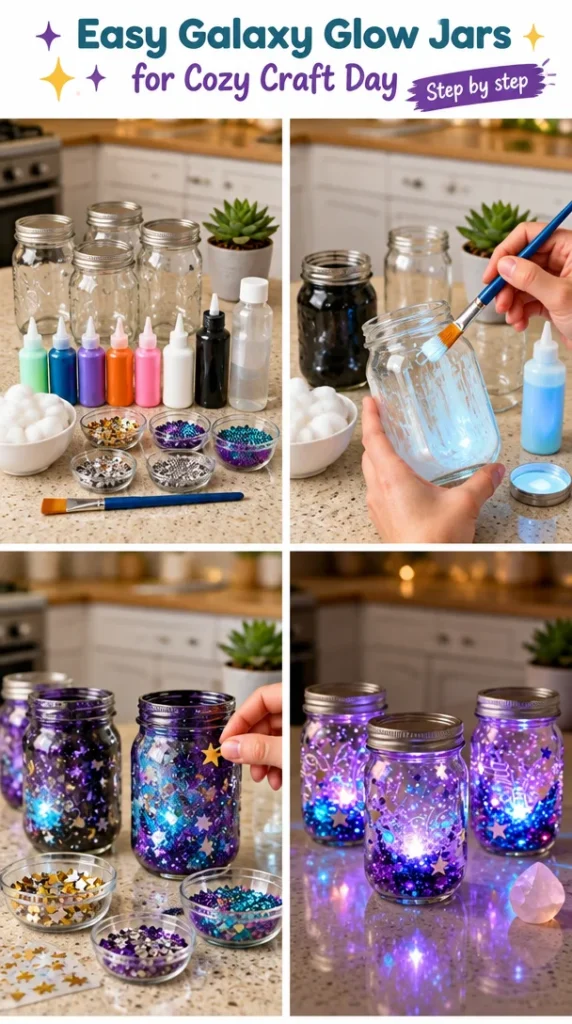 DIY galaxy glow jars glowing with colorful lights and cosmic designs