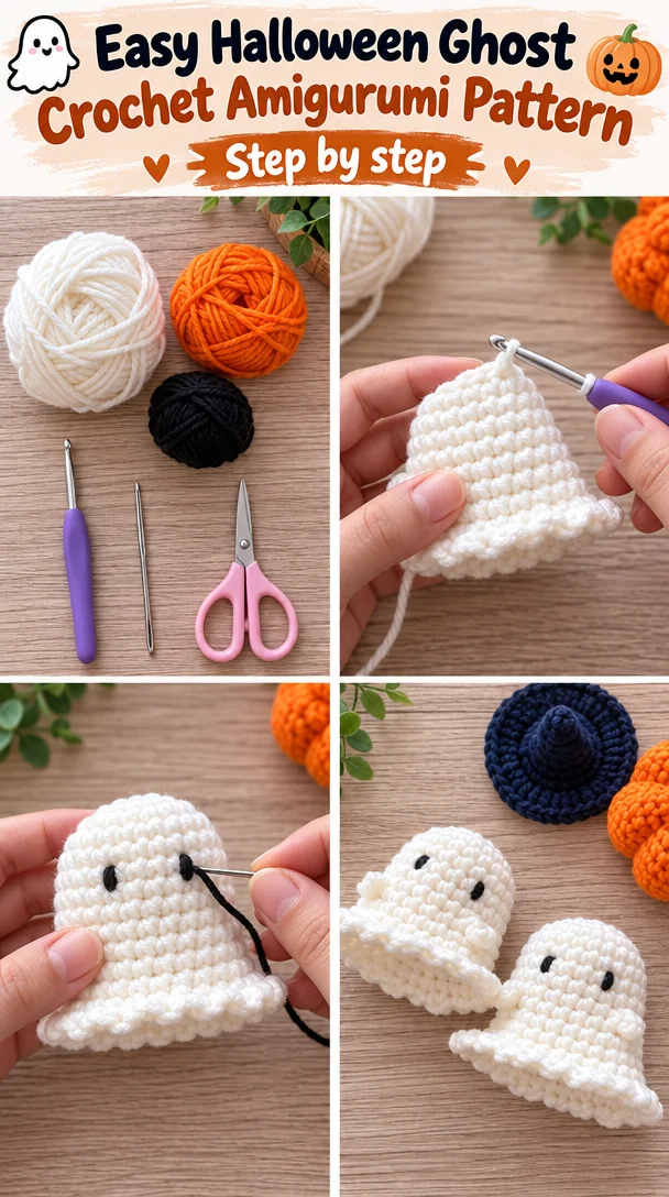Easy crochet amigurumi pattern for a cute Halloween ghost.