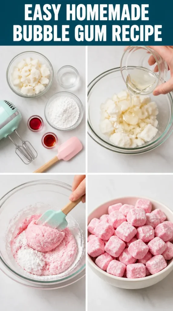 Homemade bubble gum recipe with colorful ingredients and finished gum sticks