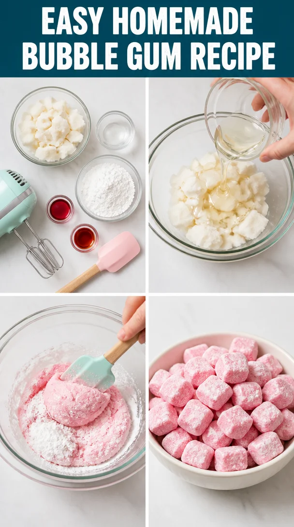 Homemade bubble gum recipe with colorful ingredients and finished gum sticks