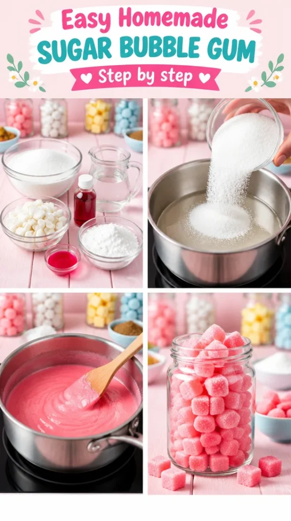 Homemade sugar bubble gum recipe with colorful, chewy gum pieces