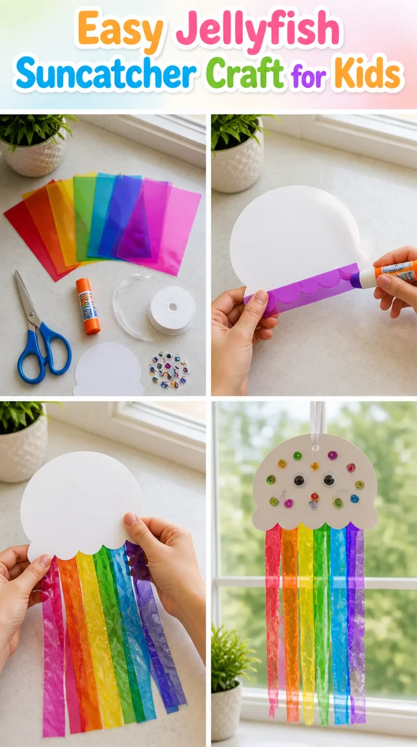 Colorful jellyfish suncatcher craft made by kids, bright and vibrant decor.