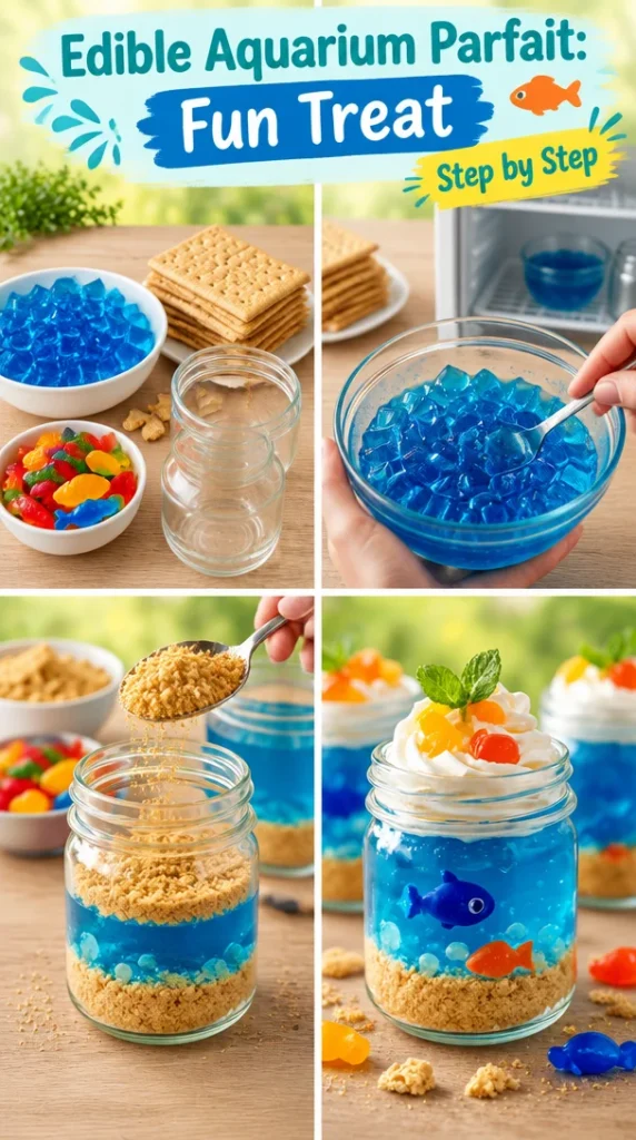 Colorful edible aquarium parfait dessert with layered textures and ocean-themed toppings.
