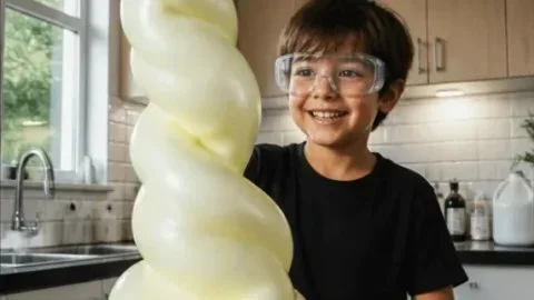 Colorful Elephant Toothpaste reaction experiment in a science demonstration