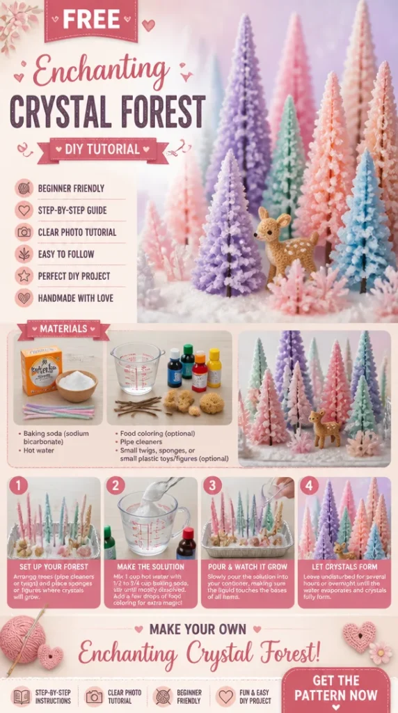Enchanting Crystal Forest with shimmering crystals and lush greenery