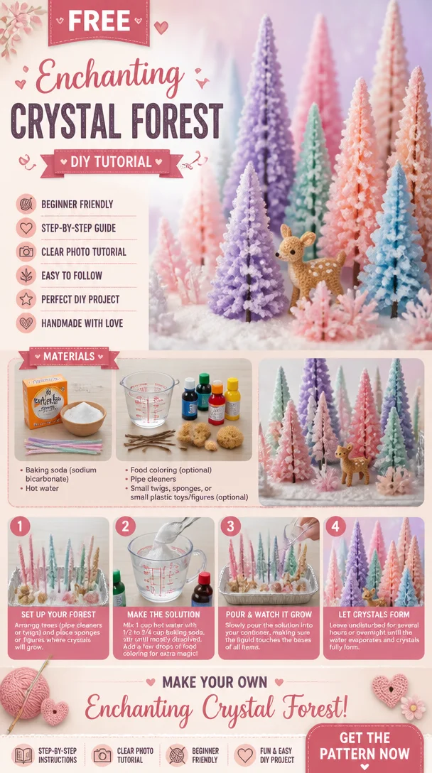 Enchanting Crystal Forest with shimmering crystals and lush greenery