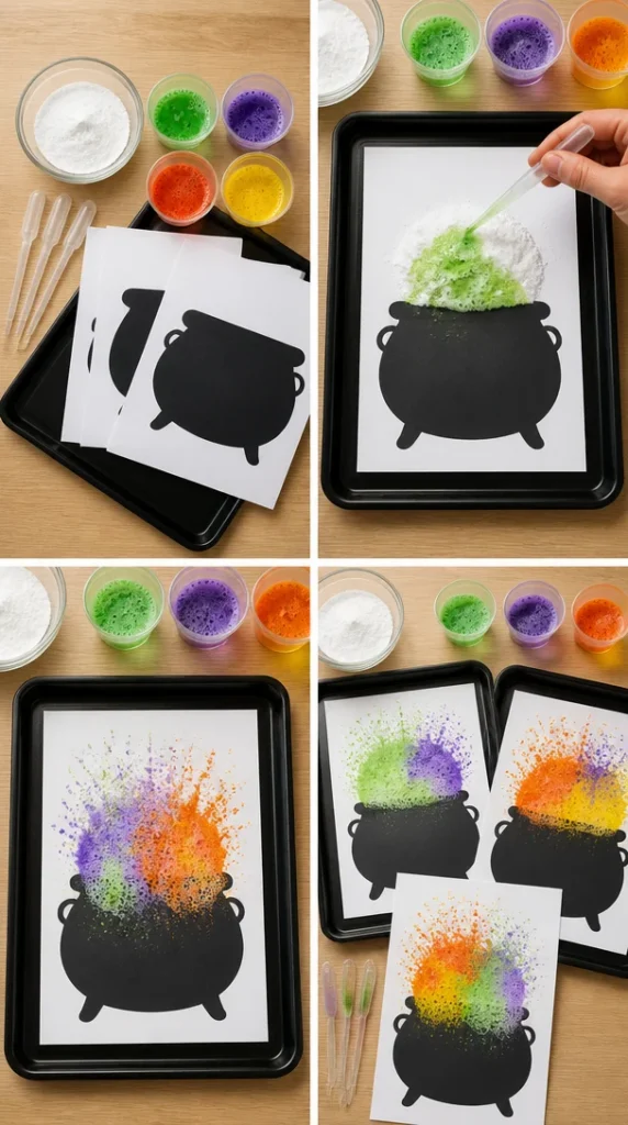 Fizzing Halloween cauldrons bubbling with colorful mixtures for kids