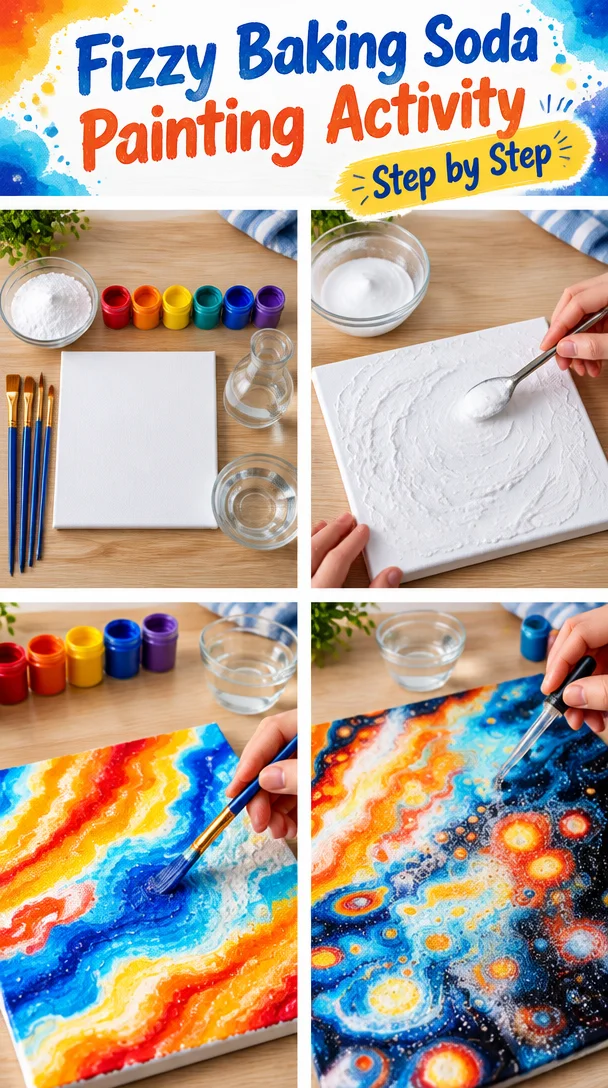 Child enjoying a fizzy baking soda painting activity with colorful paints.