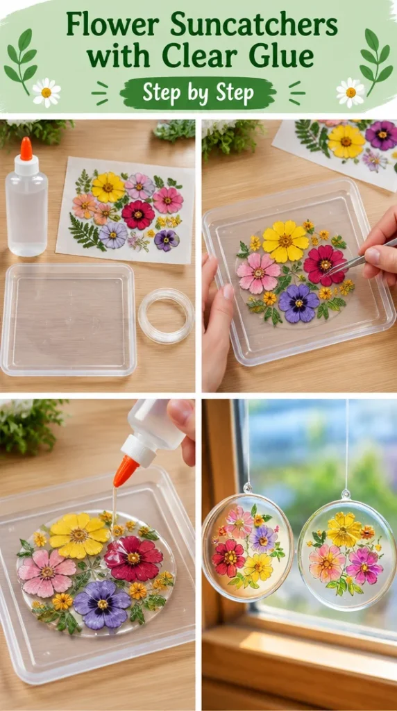 Beautiful flower suncatchers made with clear glue catching sunlight