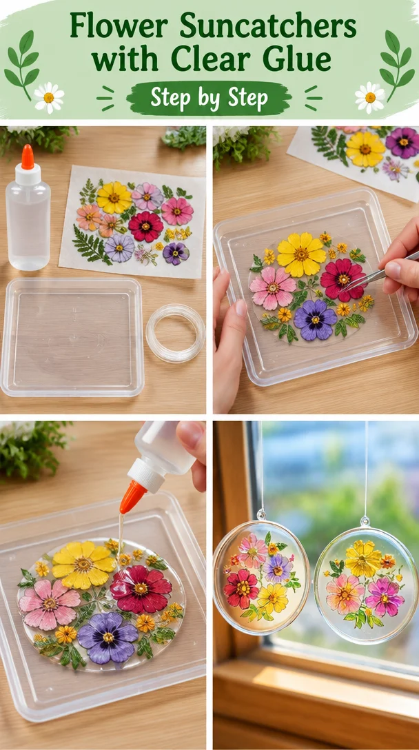 Beautiful flower suncatchers made with clear glue catching sunlight