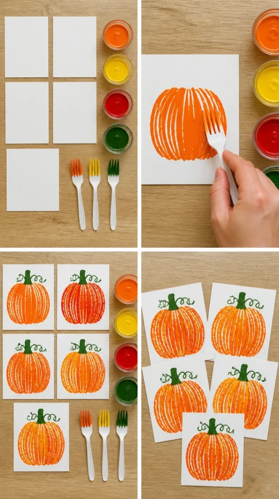Colorful fork-painted pumpkins showcasing textured autumn art