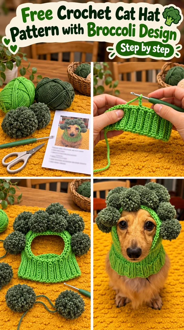 Free Crochet Cat Hat Pattern with Broccoli Design
