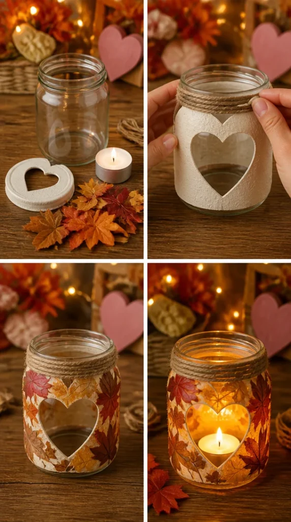 Cozy autumn candleholder made from decorative jar with fall leaves
