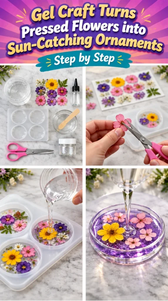Pressed flowers transformed into sun-catching ornaments by Gel Craft.