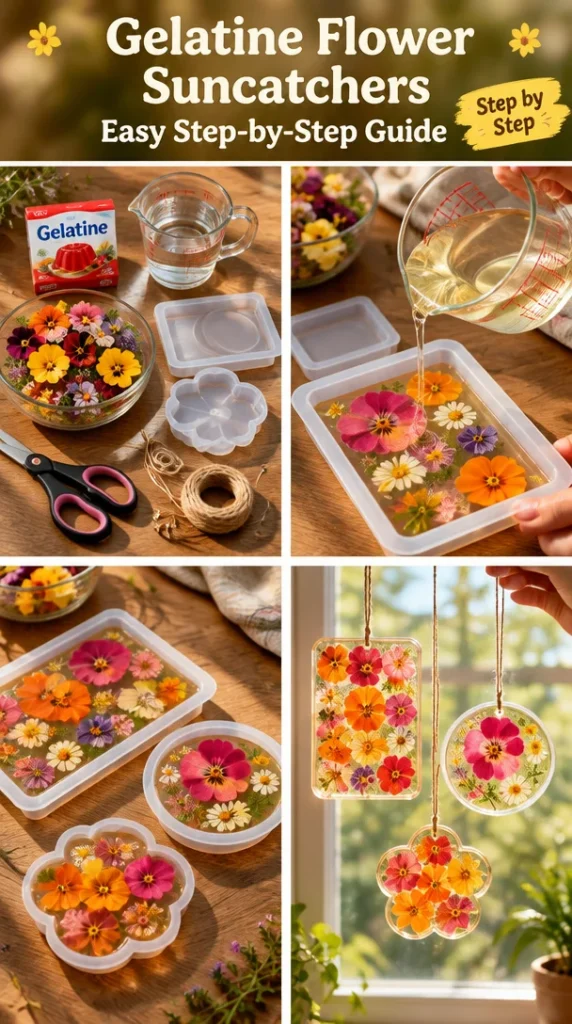 Colorful gelatine flower suncatchers hanging in a window