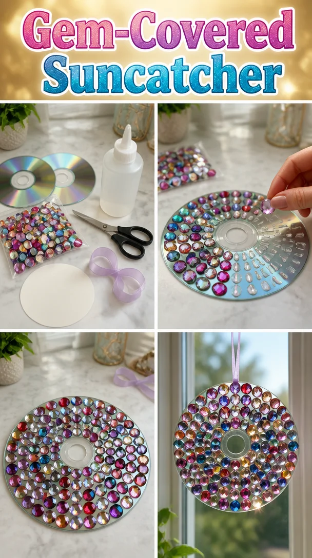 Colorful gem-covered suncatcher bringing vibrant reflections indoors.