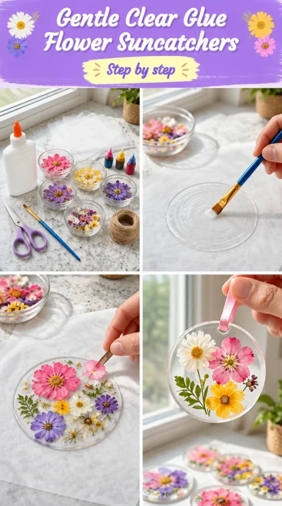 Beautiful flower suncatchers made with gentle clear glue for vibrant decor