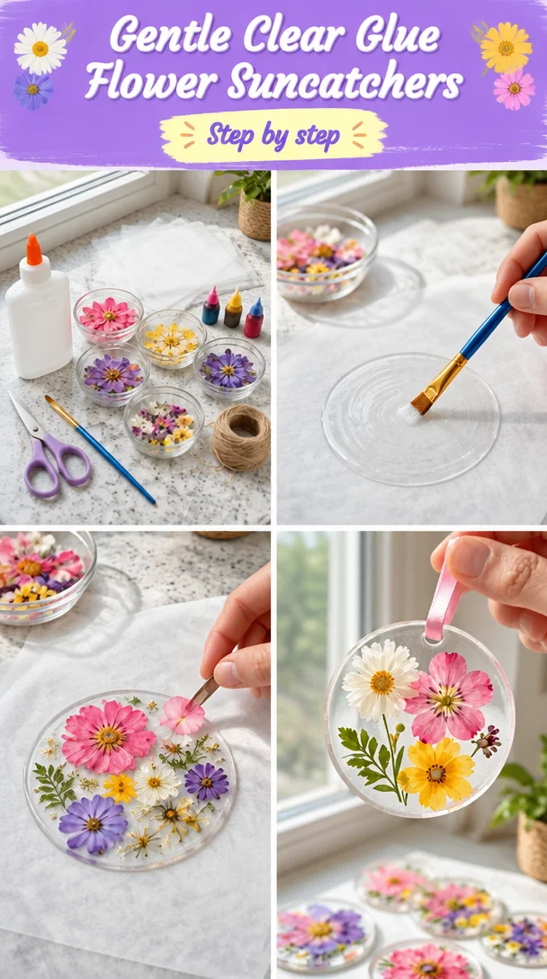 Beautiful flower suncatchers made with gentle clear glue for vibrant decor