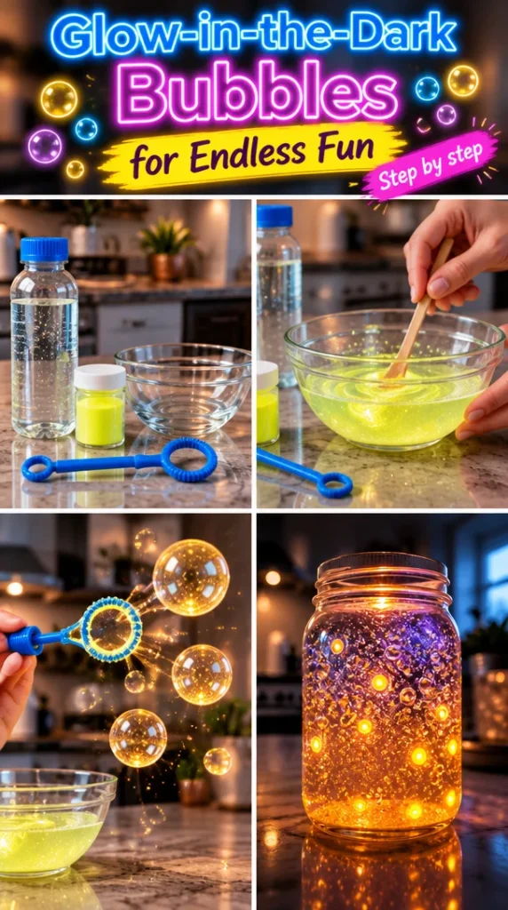 Kids enjoying Glow-in-the-Dark Bubbles at a night party
