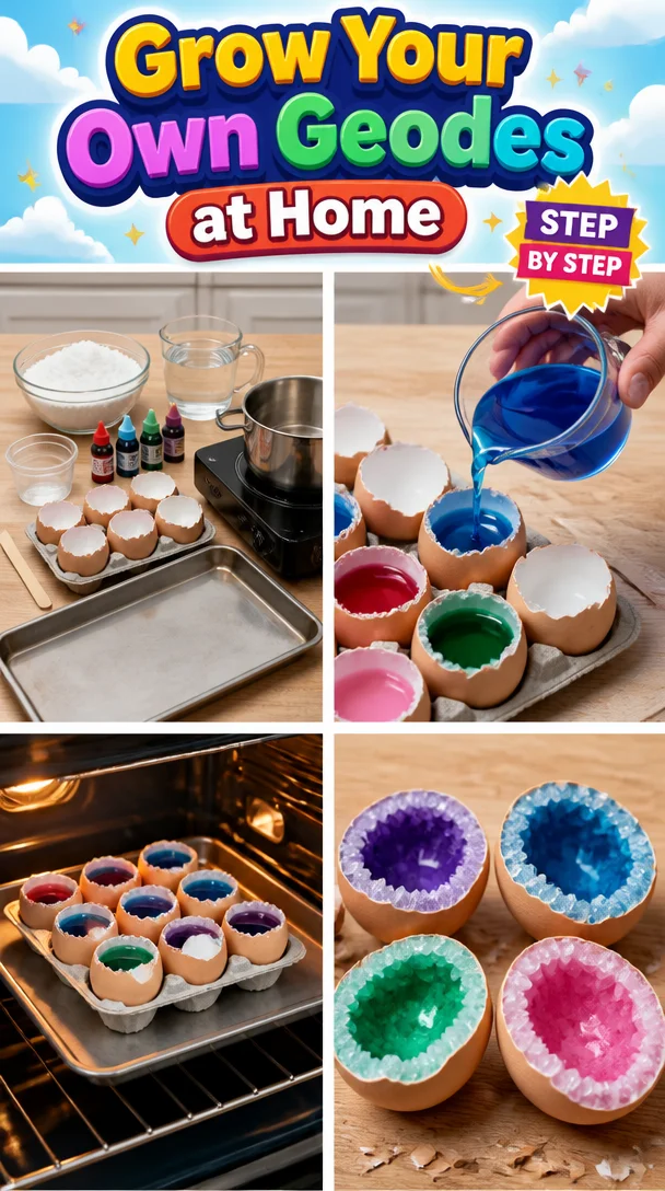 Homemade geodes growing kit with colorful crystals and instructions