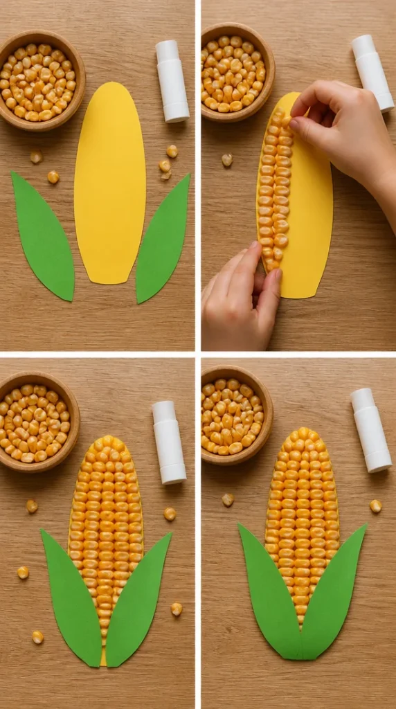 Colorful harvest corn collage project for kids to enjoy during autumn.