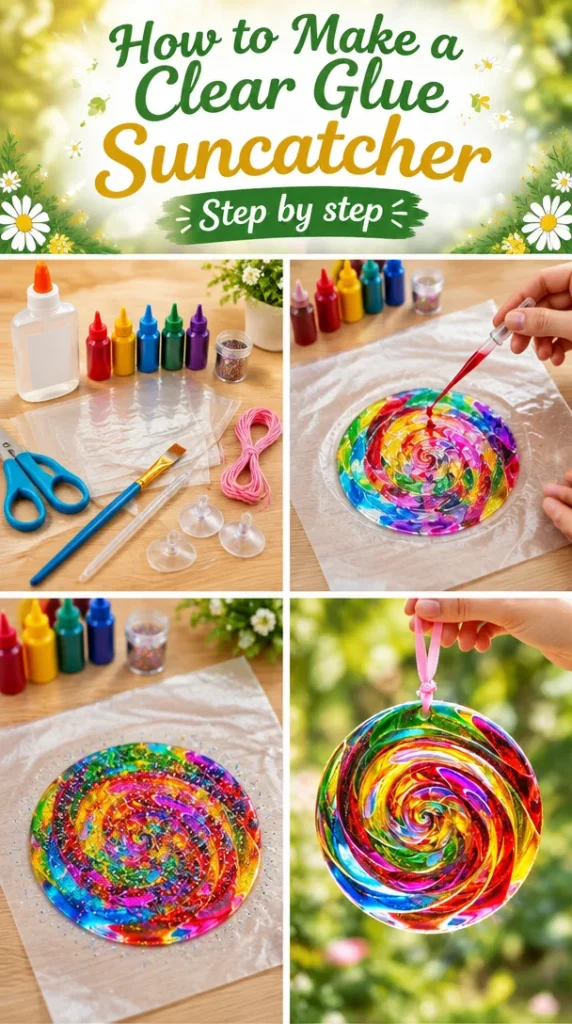 Homemade clear glue suncatcher hanging in sunlight.