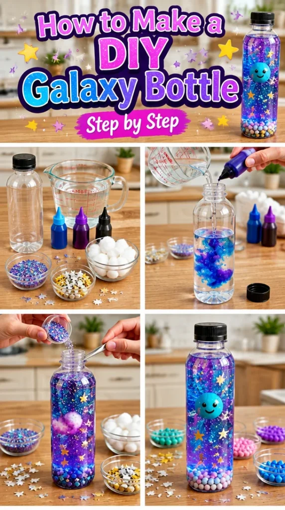 A colorful DIY Galaxy Bottle filled with shimmering stars and cosmic colors