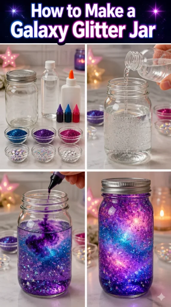 DIY Galaxy Glitter Jar with vibrant colors and sparkles
