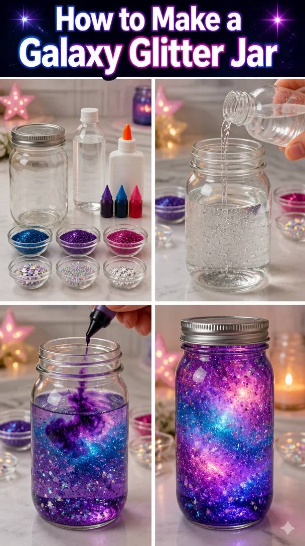 DIY Galaxy Glitter Jar with vibrant colors and sparkles