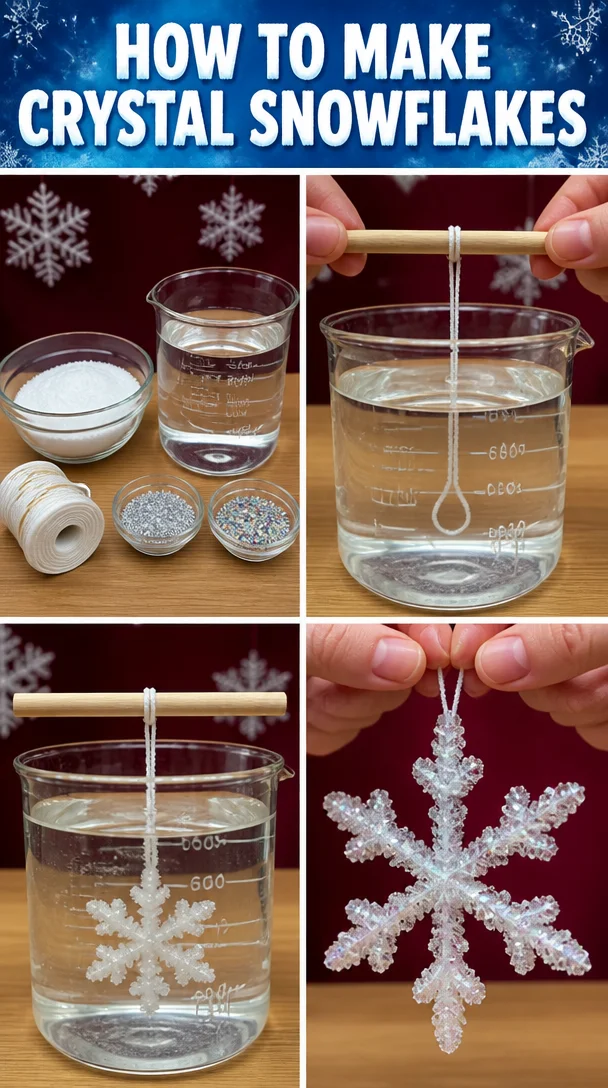 DIY crystal snowflakes tutorial with step-by-step instructions.