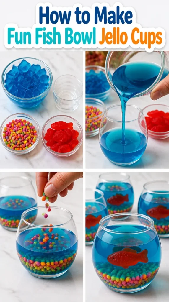 Colorful fish bowl jello cups made with vibrant jelly and decorative elements.