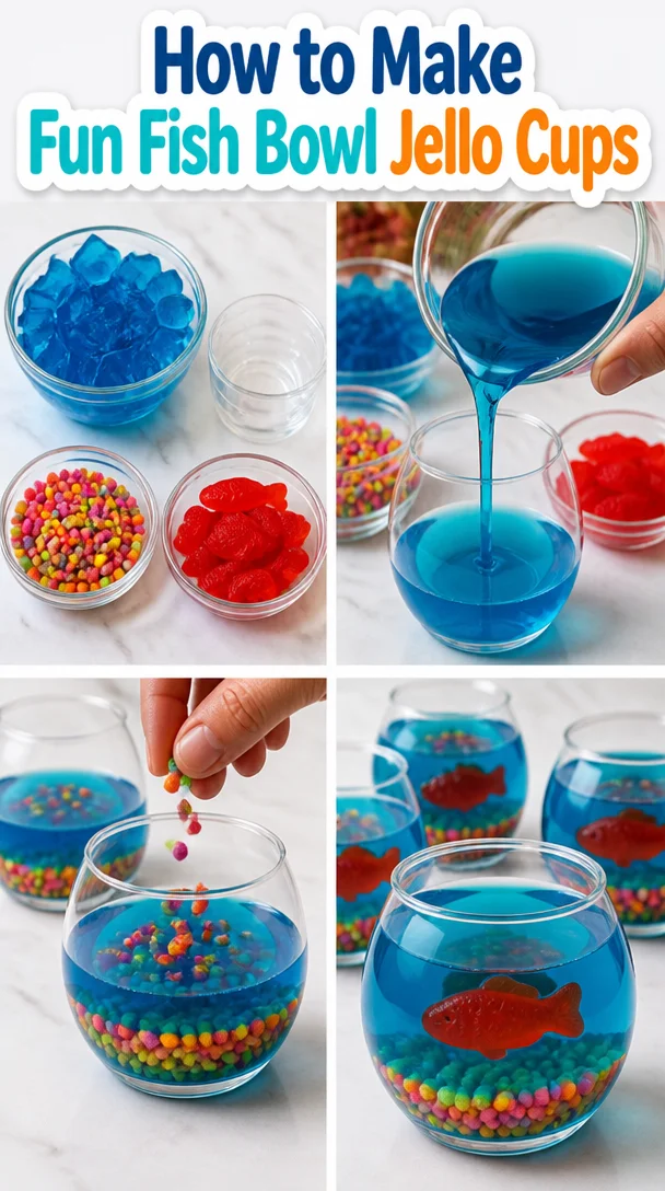 Colorful fish bowl jello cups made with vibrant jelly and decorative elements.
