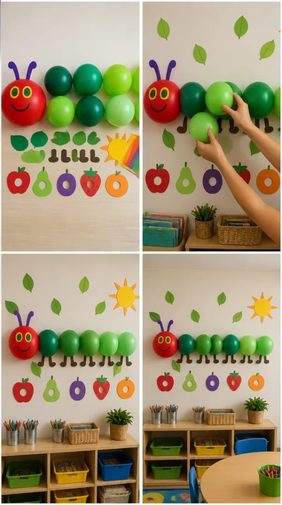 Vibrant Caterpillar Balloon Display illuminating a cheerful classroom environment.